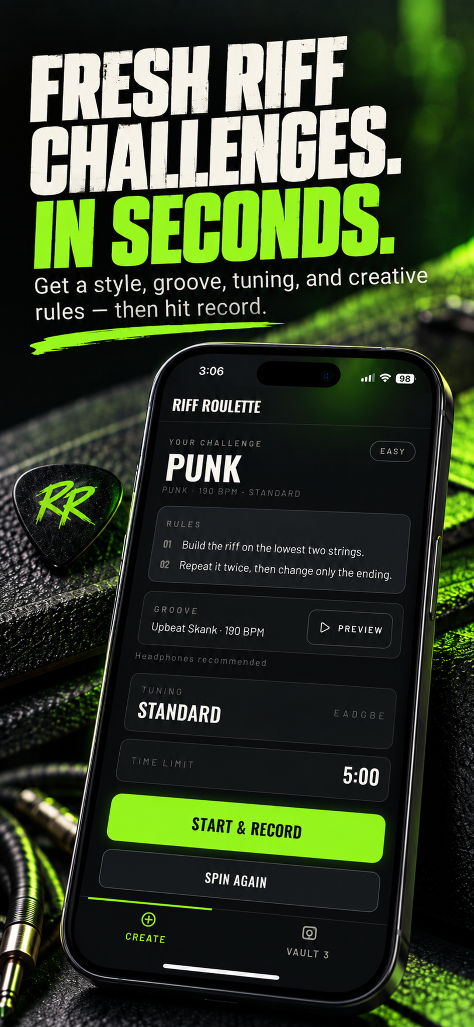 Riff Roulette challenge screen with creative rules and groove preview